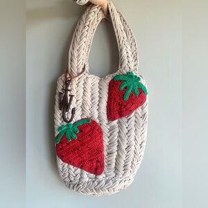 JW ANDERSON Beige Crochet Tote with Red Strawberry Accents